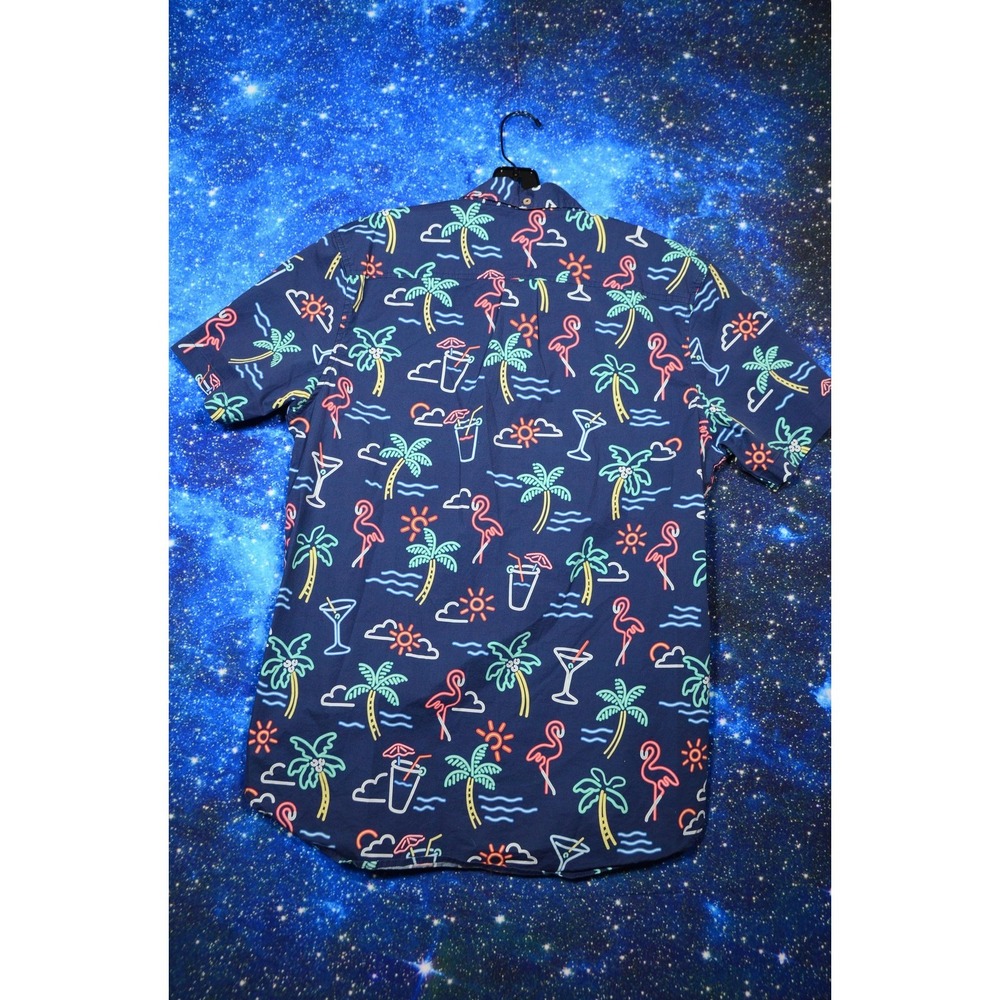 Chubbies Shirt Mens Large Blue Neon Tropical Flamingo Cocktail Button Up - Picture 4 of 8